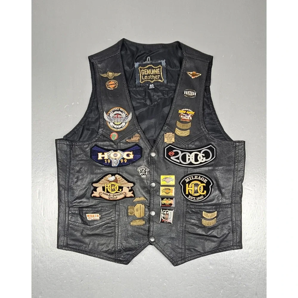 Vintage Harley Davidson Leather Vest Mens 40 Patch Loaded HOG, Rallies 1999 2000